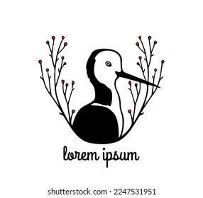 Vector card with hand drawn graceful Pied Stilt in floral twigs laurel. Beautiful wild animal illustration, ink drawing, graphic style. Logo template