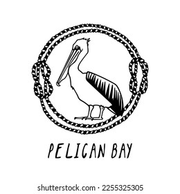Vector card with hand drawn graceful pelican in nautical rope frame. Ink drawing, decorative graphic style. Beautiful animal design elements, perfect for logo design