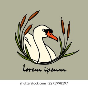 Vector card with hand drawn graceful Mute Swan in cattail wreath. Beautiful wild animal illustration, ink drawing, graphic style. Logo template