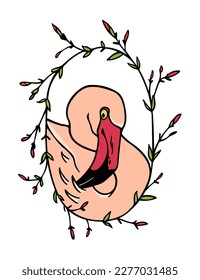 Vector card with hand drawn graceful flamingo in blooming floral wreath. Beautiful wild animal illustration, ink drawing, graphic style.