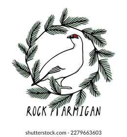 Vector card with hand drawn graceful white rock ptarmigan in floral pine wreath. Ink drawing, decorative graphic style. Beautiful animal design elements, northern destinations travel poster