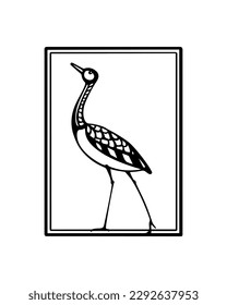 Vector card with hand drawn graceful long-necked bird in austere frame. Ink drawing, decorative graphic style. Beautiful animal design elements, perfect for logo design