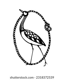 Vector card with hand drawn graceful long-necked bird in nautical rope frame. Ink drawing, decorative graphic style. Beautiful animal design elements, perfect for logo design