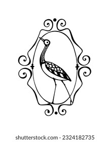 Vector card with hand drawn graceful long-necked bird in elegant vintage frame. Ink drawing, decorative graphic style. Beautiful animal design elements, perfect for logo design