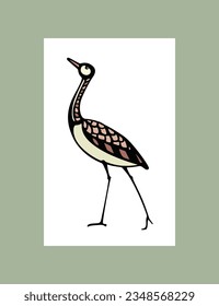 Vector card with hand drawn graceful long-necked bird in austere frame. Ink drawing, decorative graphic style. Beautiful animal design elements, perfect for logo design