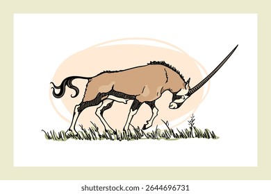 Cartão vetorial com oryx gracioso desenhado à mão com a cabeça para baixo, andando pela savana. Desenho à tinta, estilo de gráfico. Bela ilustração animal selvagem