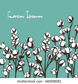 Vector card with hand drawn graceful cotton branches. Beautiful floral design elements.
