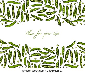 Vector card with hand drawn green pea pods. Beautiful food design elements, ink drawing