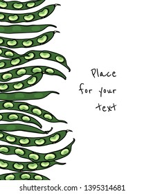 Vector card with hand drawn green bean pods. Beautiful food design elements, ink drawing
