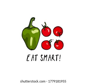 Vector Card With Hand Drawn Green Pimento Pepper And Cherry Tomatoes. Beautiful Healthy Food Design Elements, Ink Drawing. Perfect For Food Industry