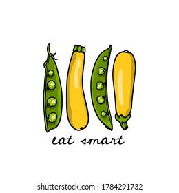 Tarjeta vectorial con vasijas de guisantes verdes dibujadas a mano y zucchini amarillo. Hermosos elementos de diseño de comida saludable, dibujo de tinta. Perfecto para la industria alimentaria