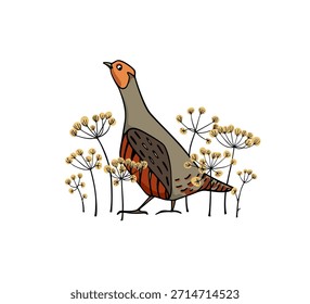 Tarjeta de Vector con la perdiz gris dibujada a mano entre flores silvestres en flor. Dibujo de tinta, estilo gráfico decorativo. Hermosa vida silvestre o Elementos de diseño de celebración de Pascua