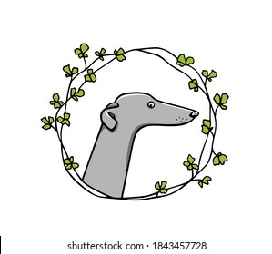 Vector card with hand drawn greyhound dog in floral wreath. Beautiful design elements, ink drawing, funny illustration of a cute dog