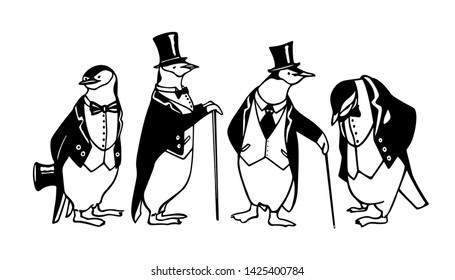 Vector card with hand drawn group of chinstrap penguins in black tie. Ink drawing, funny illustration, graphic style. Beautiful animal design element