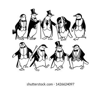 Vector card with hand drawn group of chinstrap penguins in black tie. Ink drawing, funny illustration, graphic style. Beautiful animal design element