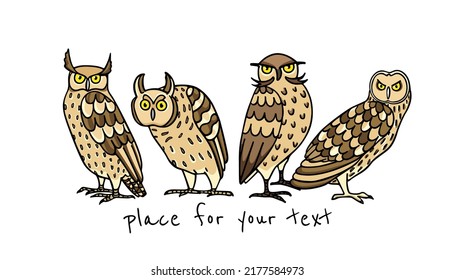 Vector card with hand drawn group of funny owls. Ink drawing, decorative graphic style. Beautiful animal design elements