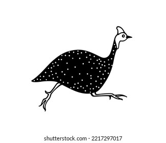 Vector card with hand drawn hastily running helmeted guinea fowl made in cartoon style. Ink drawing, graphic illustration, heavy contour. Beautiful design elements