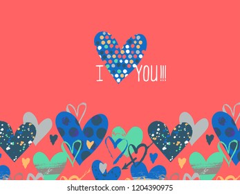 Vector card with hand drawn heart for Valentine day and words I love you. Background with doodle hearts, dots, love. Romantic hand drawn vector doodle Valentine day background. Wedding invitation card