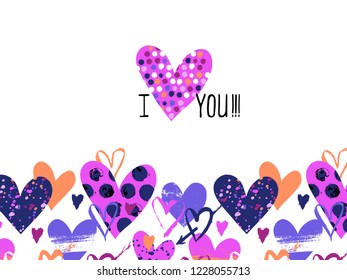 Vector card with hand drawn heart for Valentine day and words I love you. Background with doodle hearts, dots, love. Romantic hand drawn vector doodle Valentine day background. Wedding invitation card