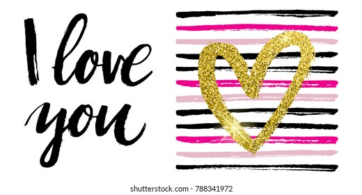 Vector card with a hand drawn heart and I love you lettering. 