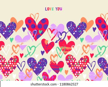 Vector card with hand drawn hearts for Valentine day and words love you. Background with doodle hearts, dots, love. Romantic hand drawn vector doodle Valentines day background. Wedding invitation card