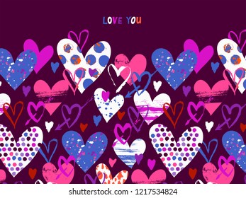 Vector card with hand drawn hearts for Valentine day and words love you. Background with doodle hearts, dots, love. Romantic hand drawn vector doodle Valentines day background. Wedding invitation card