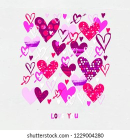 Vector card with hand drawn hearts for Valentine day and words love you. Background with doodle hearts, dots, love. Romantic hand drawn vector doodle Valentines day background. Wedding invitation card
