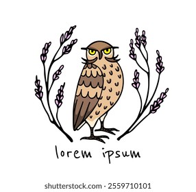 Vector card with hand drawn hilarious Eagle Owl in floral blooming wreath. Ink drawing, decorative graphic style. Beautiful wildlife design elements, logo template