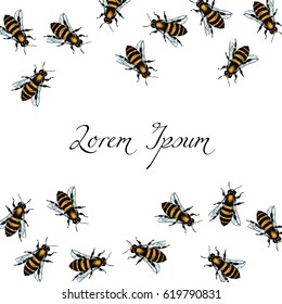 Vector card with hand drawn honey bees made in retro style. Beautiful ink drawing.