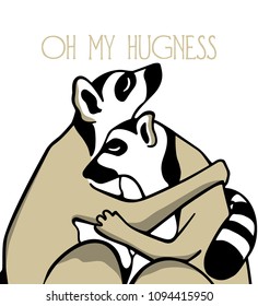 Vector card with hand drawn hugging lemurs. Beautiful animal design elements, ink drawing,