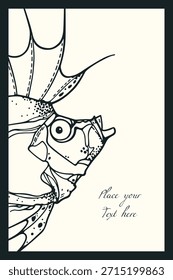 Vector card with hand drawn illustration of a deep sea fish made in graphic steampunk style. Ink drawing, beautiful design elements. Perfect print for any business related to the fish industry.