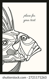 Cartão vetorial com ilustração desenhada à mão de um peixe de mar profundo feito em estilo steampunk gráfico. Desenho a tinta, belos elementos de design. Impressão perfeita para qualquer negócio relacionado com a indústria de peixe.