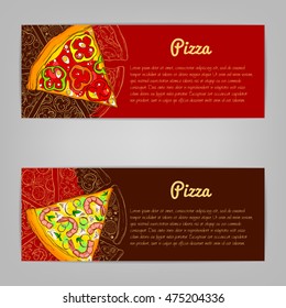 Vector card with hand drawn illustration of pizza slice.