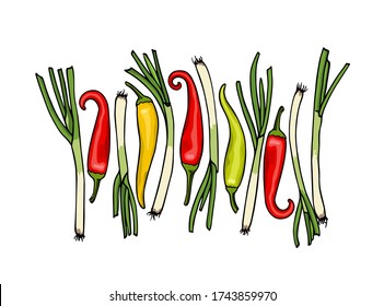 Vector card with hand drawn Japanese Negi onions and Tabasco peppers. Beautiful food design elements, ink drawing. Healthy eating illustration