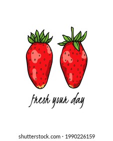 Vector card with hand drawn juicy ripe strawberries. Beautiful healthy food design elements, ink drawing. Summer fruit illustration.