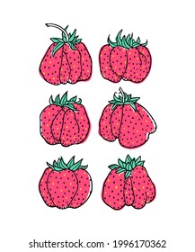 Tarjeta vectorial con fresas jugosas y de mano. Hermosos elementos de diseño de comida saludable, dibujo de tinta. Ilustración de frutas de verano. Plantilla de tarjeta de felicitación.