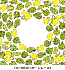 Vector card with hand drawn juicy lemons and artichokes arranged in round frame. Vegetarian  healthy food illustration. Beautiful design elements.