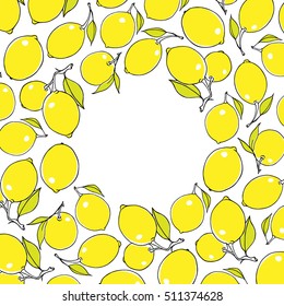 Vector card with hand drawn juicy lemons arranged in round frame. Vegetarian  healthy food illustration. Beautiful design elements.