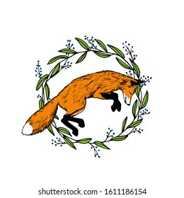 Vector card with hand drawn jumping fox in floral wreath made with ink. Perfect animal design elements, logo template