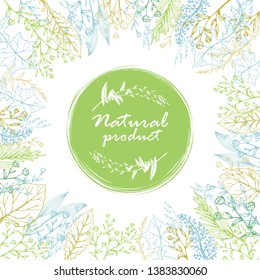 Vector card with hand drawn leaves and herbs and organic natural product green label. Packaging design template, frame for cosmetics, beauty products, organic and healthy food.
