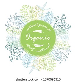 Vector card with hand drawn leaves and herbs and organic natural product green label. Packaging design template, frame for cosmetics, beauty products, organic and healthy food.