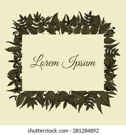 Vector card with hand drawn leaves and fruit of forest trees. Invitation or greeting card. Cool design elements.