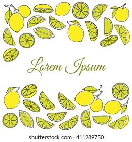 Vector card with hand drawn lemon fruits and slices. Juicy, healthy food illustration. Beautiful design elements.