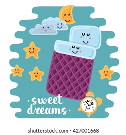 Vector card. Hand drawn lettering Sweet Dreams. Illustration of night elements: moon, clouds. stars, blanket, pillow and alarm clock with smiling faces