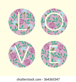 Vector card with hand drawn letters on botanical round layouts making up the Love word. Perfect for Valentine's day greeting.