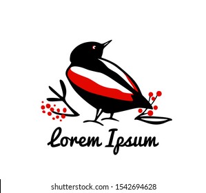 Vector card with hand drawn little bird in floral laurel made with ink. Beautiful animal design elements, logo template