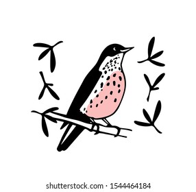 Vector card with hand drawn little bird made with ink. Beautiful animal design elements, logo template
