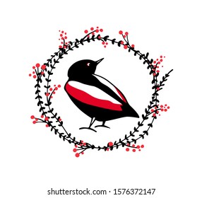 Vector card with hand drawn little bird in winter floral wreath made with ink. Beautiful animal design elements, Christmas card template