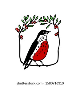 Vector card with hand drawn little bird in floral frame with red berries made with ink. Beautiful animal design elements, logo template