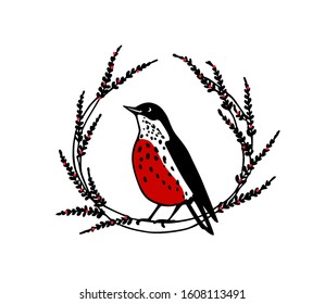 Vector card with hand drawn little bird in floral laurel made with ink. Beautiful animal design elements, logo template